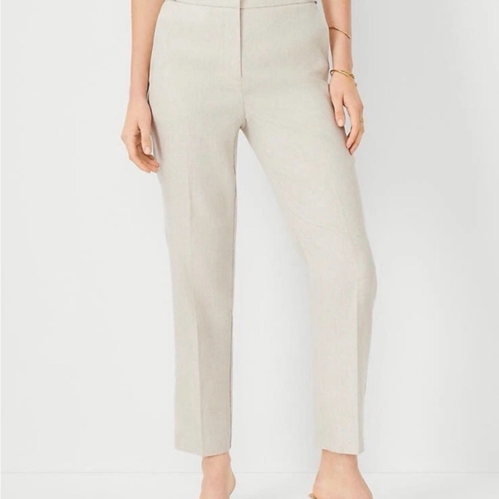 NWT: Ann Taylor Button Tab High Rise Eva Ankle Pant Linen Basketweave Tan